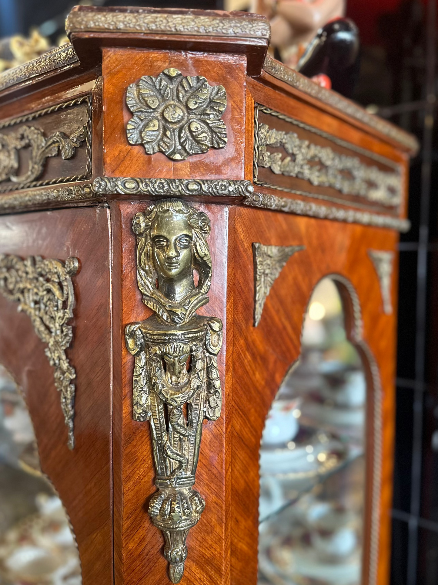 Vintage French Louis XVI Style Walnut Vitrine Cabinet | Ormolu Display Curio