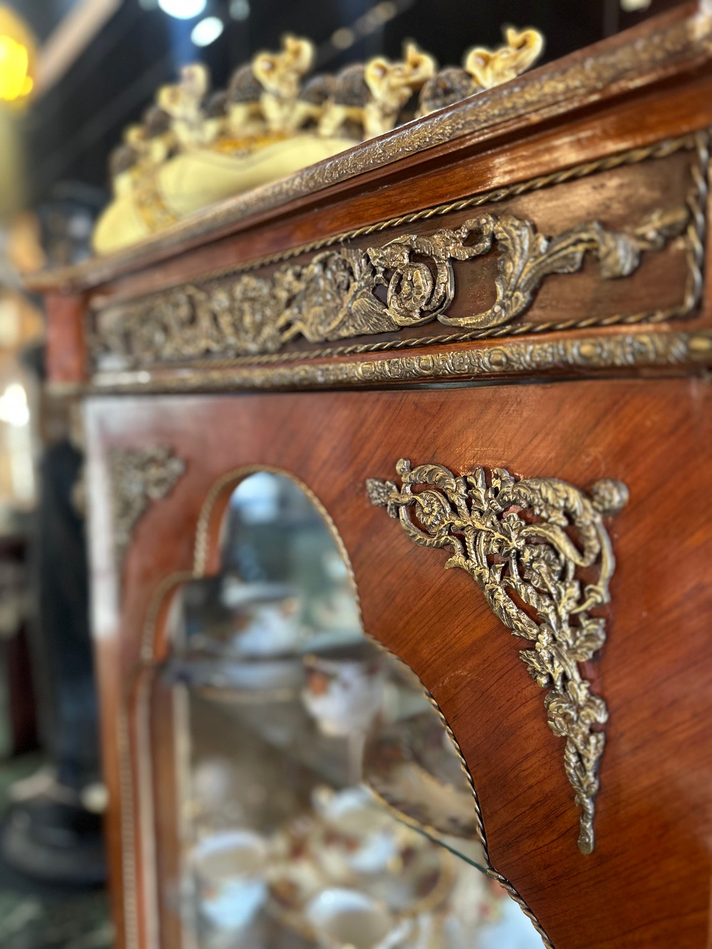 Vintage French Louis XVI Style Walnut Vitrine Cabinet | Ormolu Display Curio