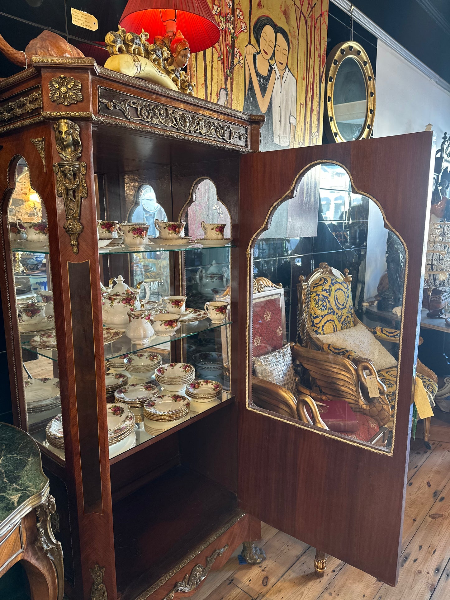 Vintage French Louis XVI Style Walnut Vitrine Cabinet | Ormolu Display Curio