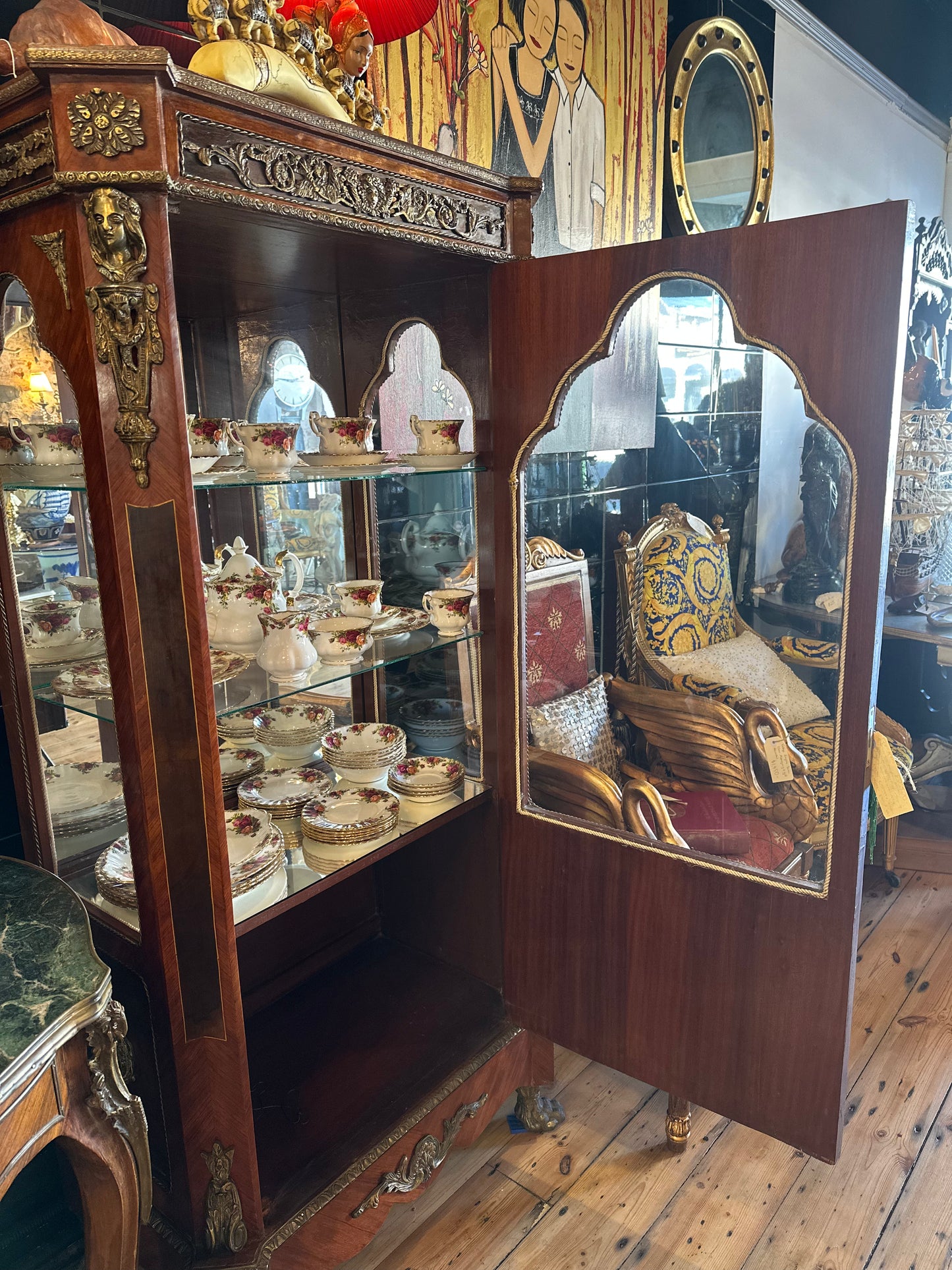 Vintage French Louis XVI Style Walnut Vitrine Cabinet | Ormolu Display Curio