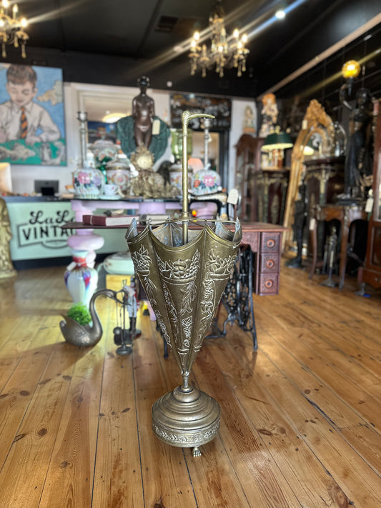 Vintage Embossed Brass Umbrella-Shaped Umbrella Stand | Hollywood Regency Crane Bird Handle