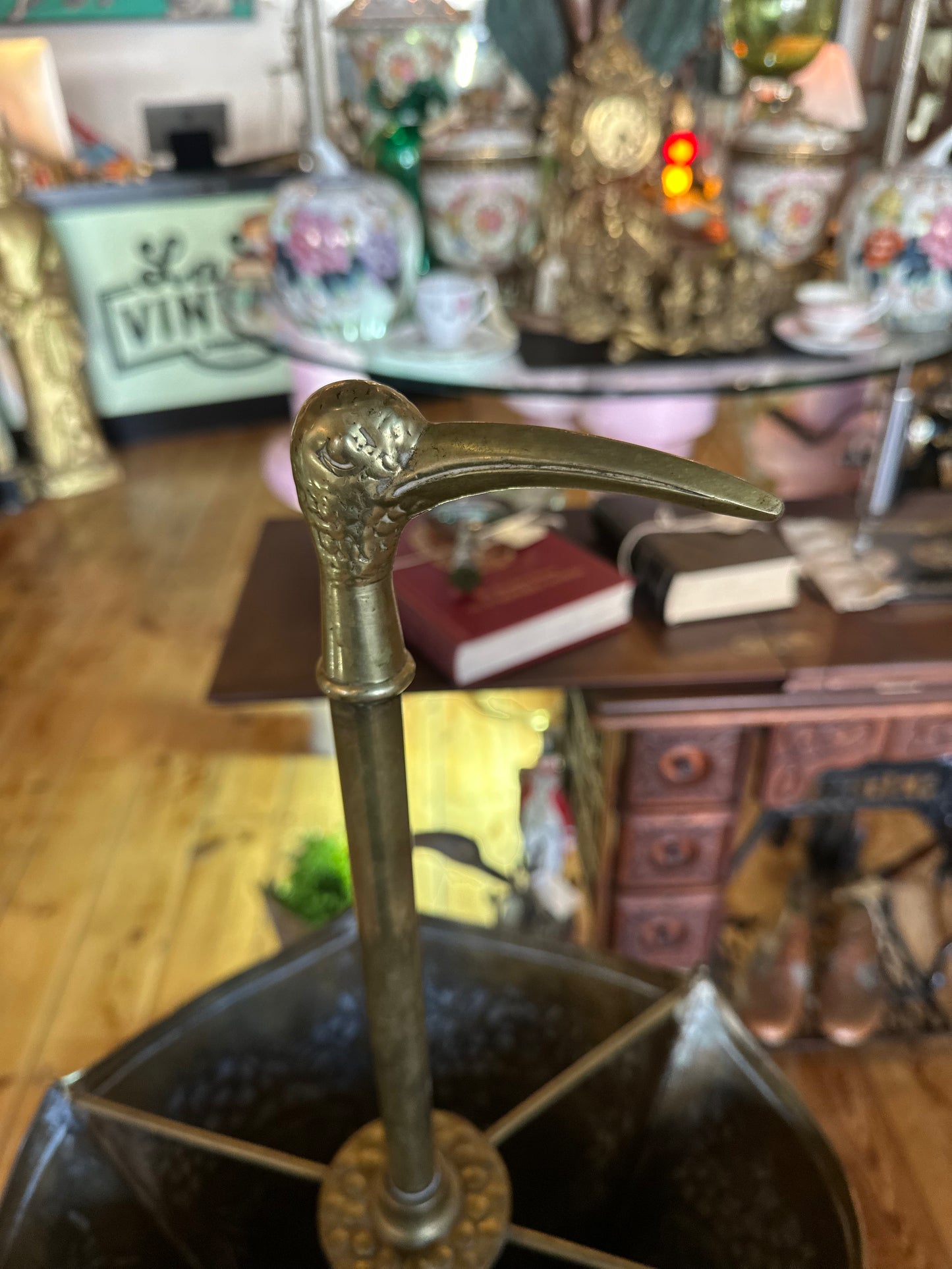 Vintage Embossed Brass Umbrella-Shaped Umbrella Stand | Hollywood Regency Crane Bird Handle