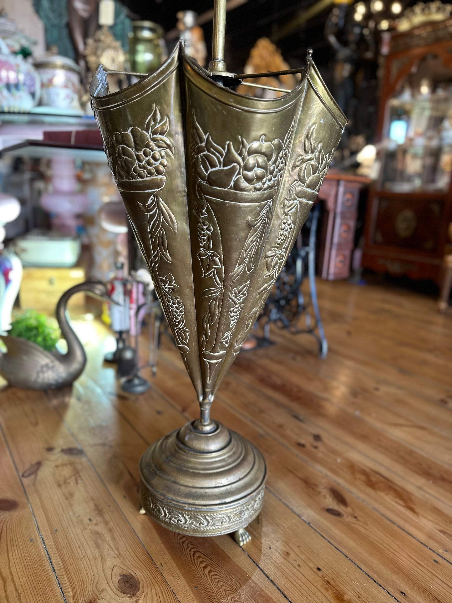 Vintage Embossed Brass Umbrella-Shaped Umbrella Stand | Hollywood Regency Crane Bird Handle