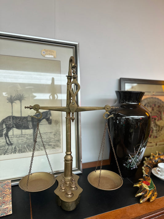 Vintage Brass Balance Scale with Matching Weights Set | Antique Apothecary & Justice Style Display Scale
