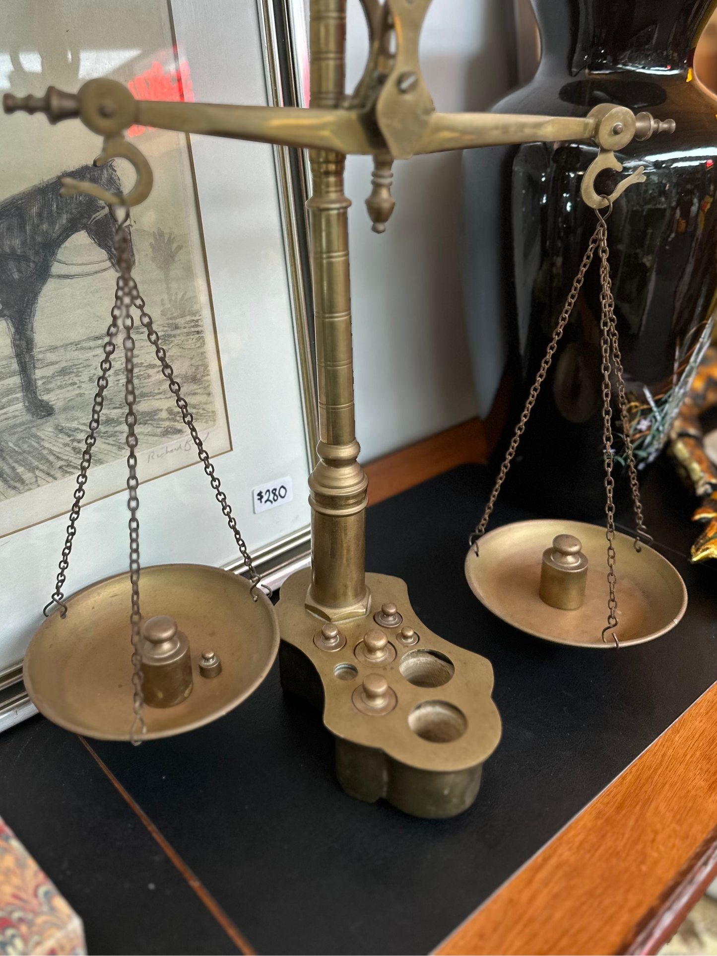 Vintage Brass Balance Scale with Matching Weights Set | Antique Apothecary & Justice Style Display Scale