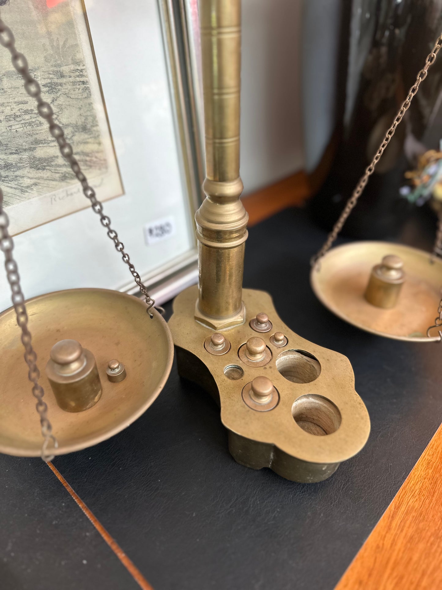Vintage Brass Balance Scale with Matching Weights Set | Antique Apothecary & Justice Style Display Scale