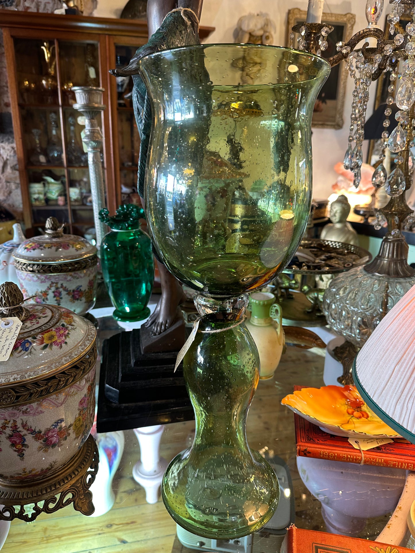 Vintage Murano Style Green Bubble Glass Hurricane Vase & Candle Holder | Hand-Blown Art Glass Pedestal Centrepiece