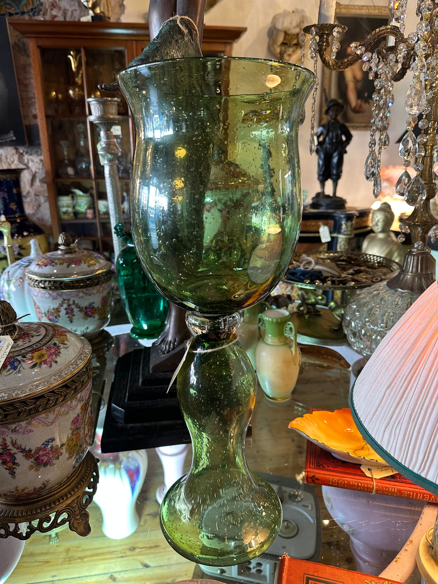 Vintage Murano Style Green Bubble Glass Hurricane Vase & Candle Holder | Hand-Blown Art Glass Pedestal Centrepiece