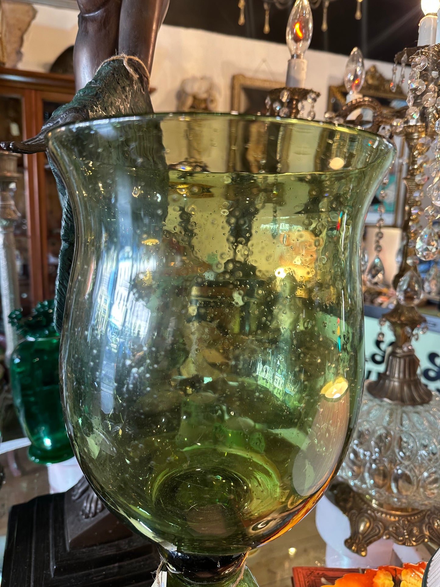 Vintage Murano Style Green Bubble Glass Hurricane Vase & Candle Holder | Hand-Blown Art Glass Pedestal Centrepiece