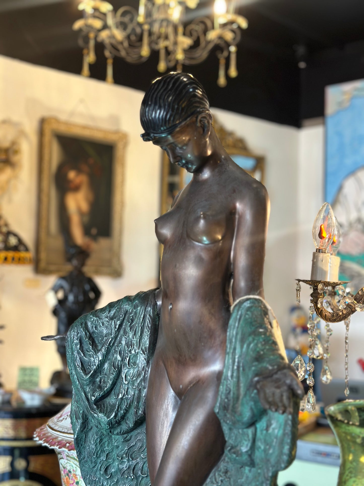 Art Deco Style Bronze Female Nude with Cloak Sculpture After J.E. Descomps