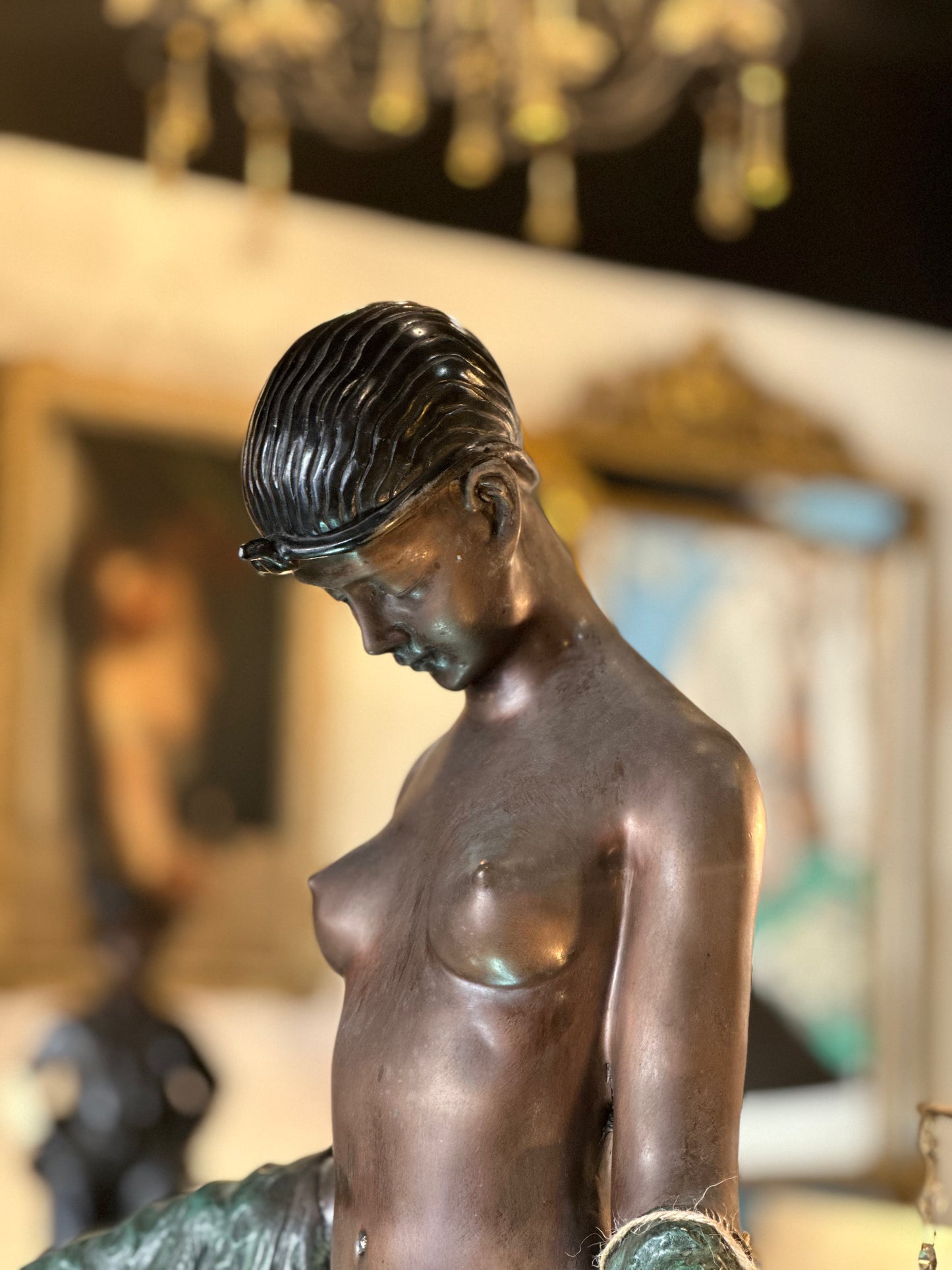 Art Deco Style Bronze Female Nude with Cloak Sculpture After J.E. Descomps