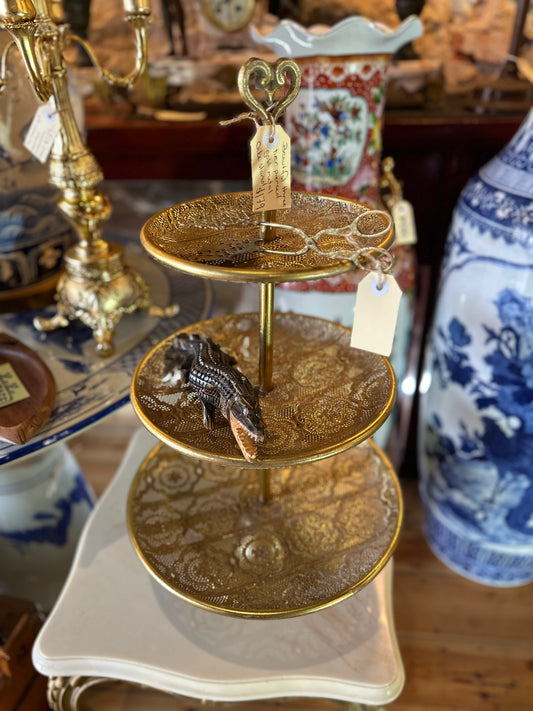 Hollywood Regency Style 3-Tier Pierced Gold Metal Cake Stand