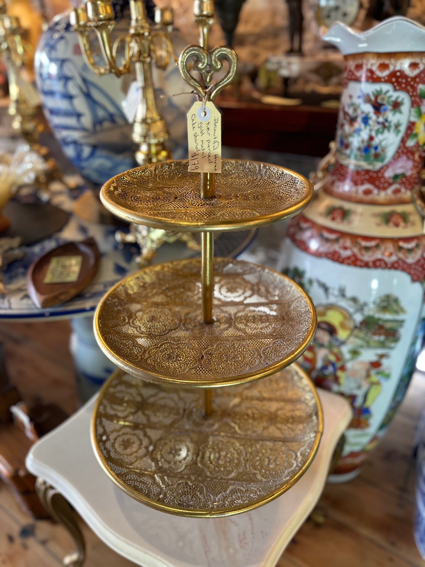 Hollywood Regency Style 3-Tier Pierced Gold Metal Cake Stand