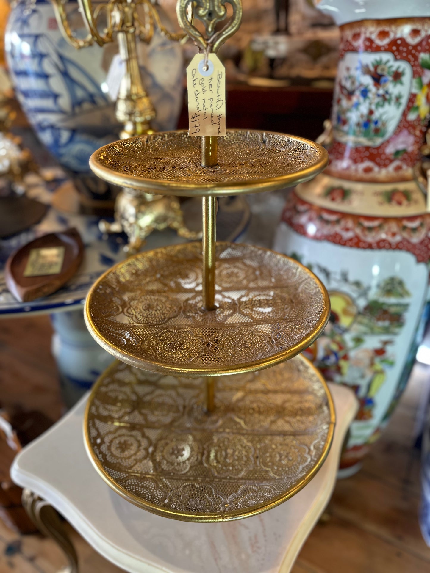 Hollywood Regency Style 3-Tier Pierced Gold Metal Cake Stand