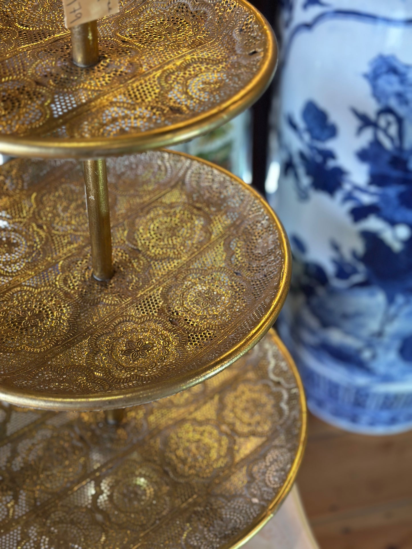 Hollywood Regency Style 3-Tier Pierced Gold Metal Cake Stand