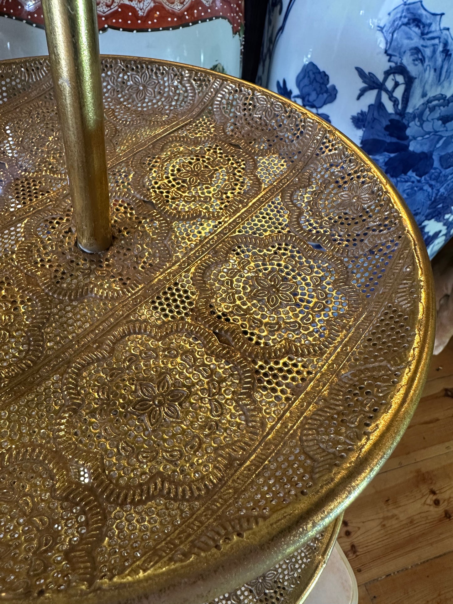 Hollywood Regency Style 3-Tier Pierced Gold Metal Cake Stand