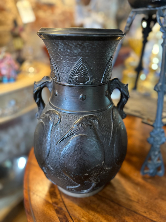 Rare Large Antique Japanese Tokanabe Black Pottery Vase – "Made in Nippon" Bird Relief (c. 1910–1921) – 35cm