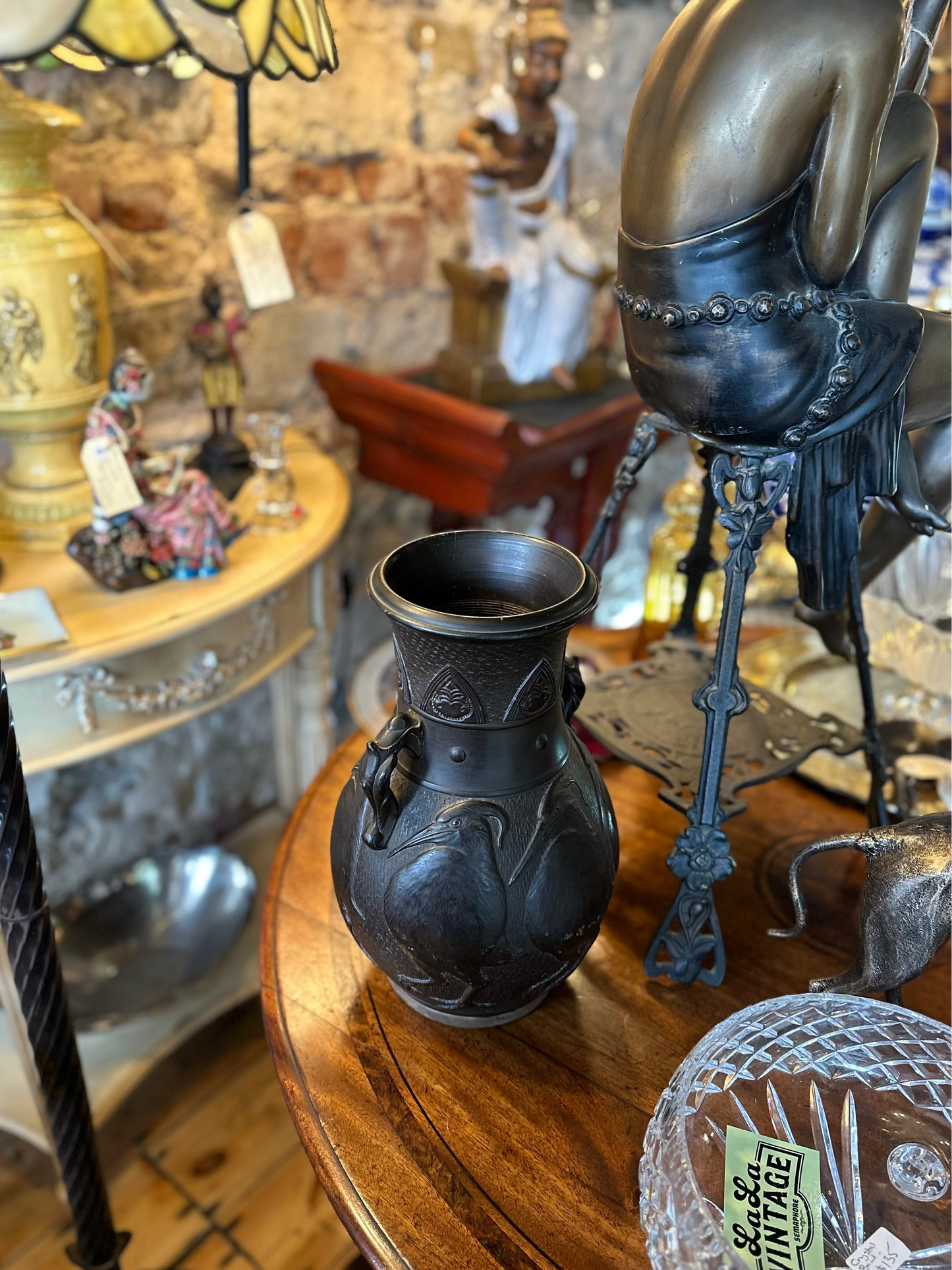 Rare Large Antique Japanese Tokanabe Black Pottery Vase – "Made in Nippon" Bird Relief (c. 1910–1921) – 35cm