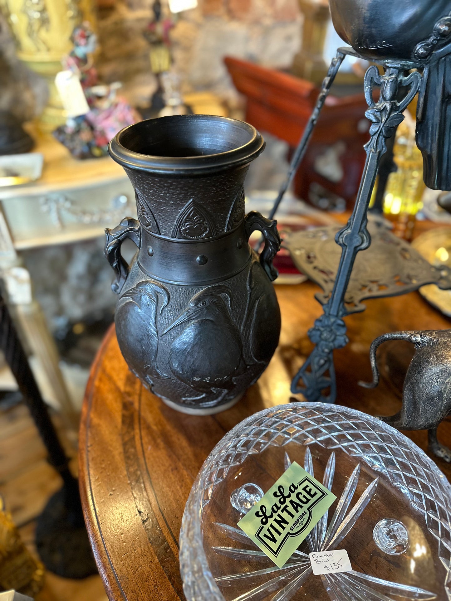 Rare Large Antique Japanese Tokanabe Black Pottery Vase – "Made in Nippon" Bird Relief (c. 1910–1921) – 35cm