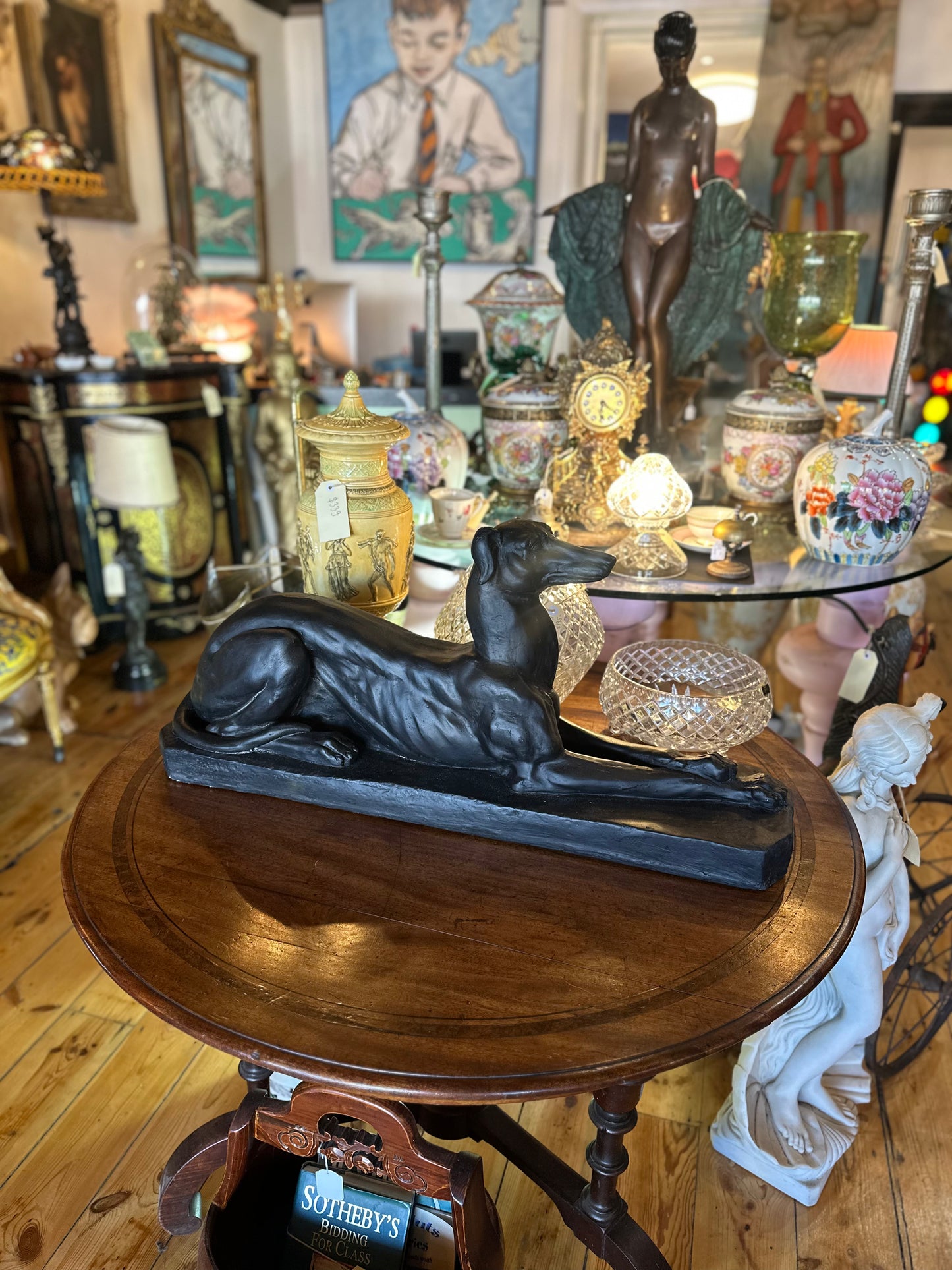 Art Deco Style Black Greyhound Statue - Reclining Plaster Whippet Sculpture