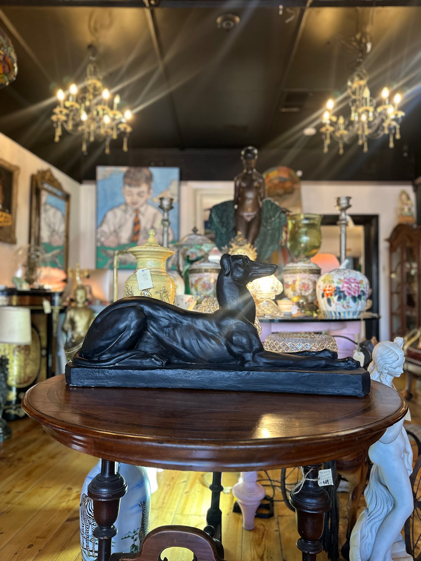 Art Deco Style Black Greyhound Statue - Reclining Plaster Whippet Sculpture