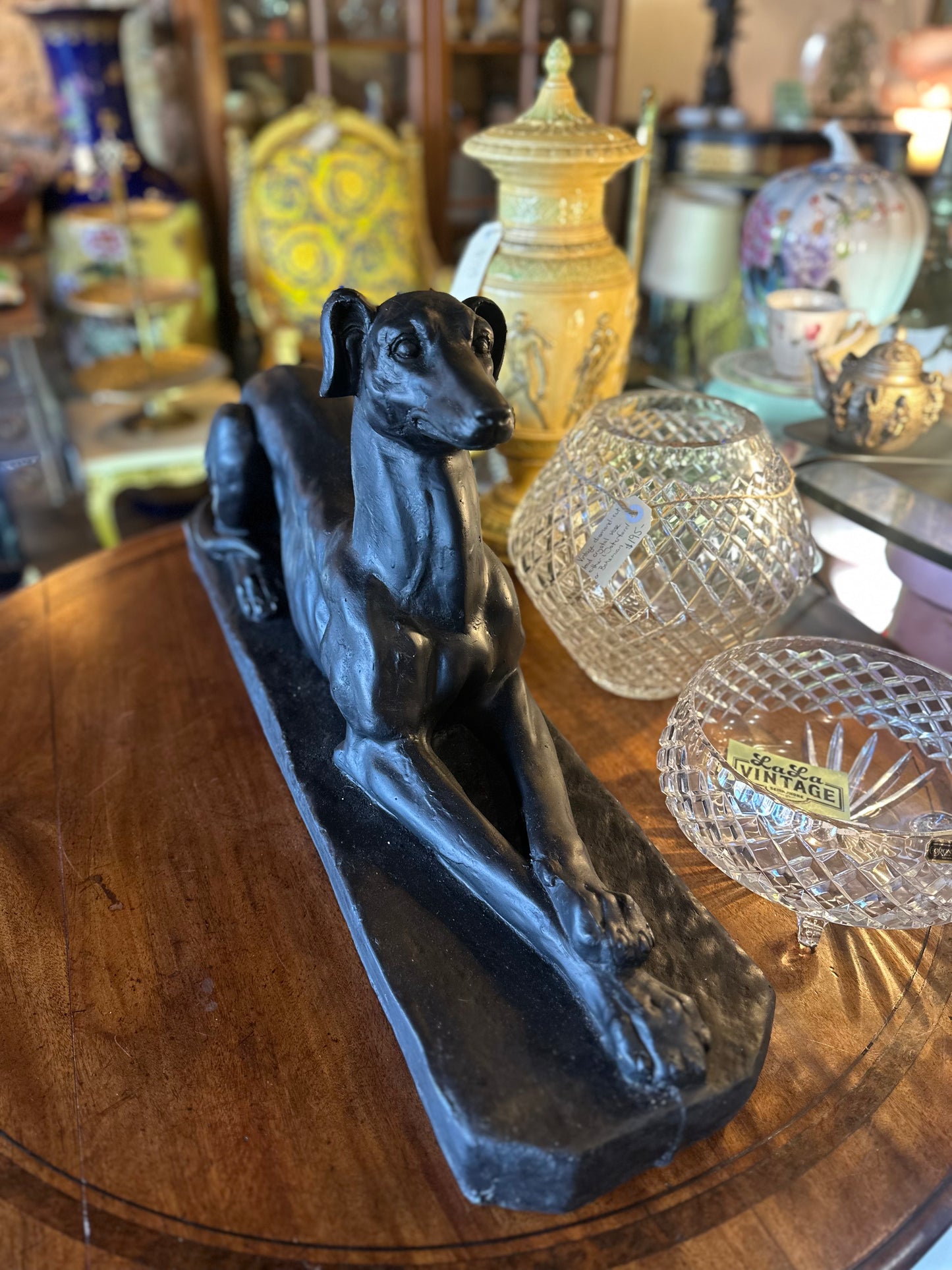 Art Deco Style Black Greyhound Statue - Reclining Plaster Whippet Sculpture