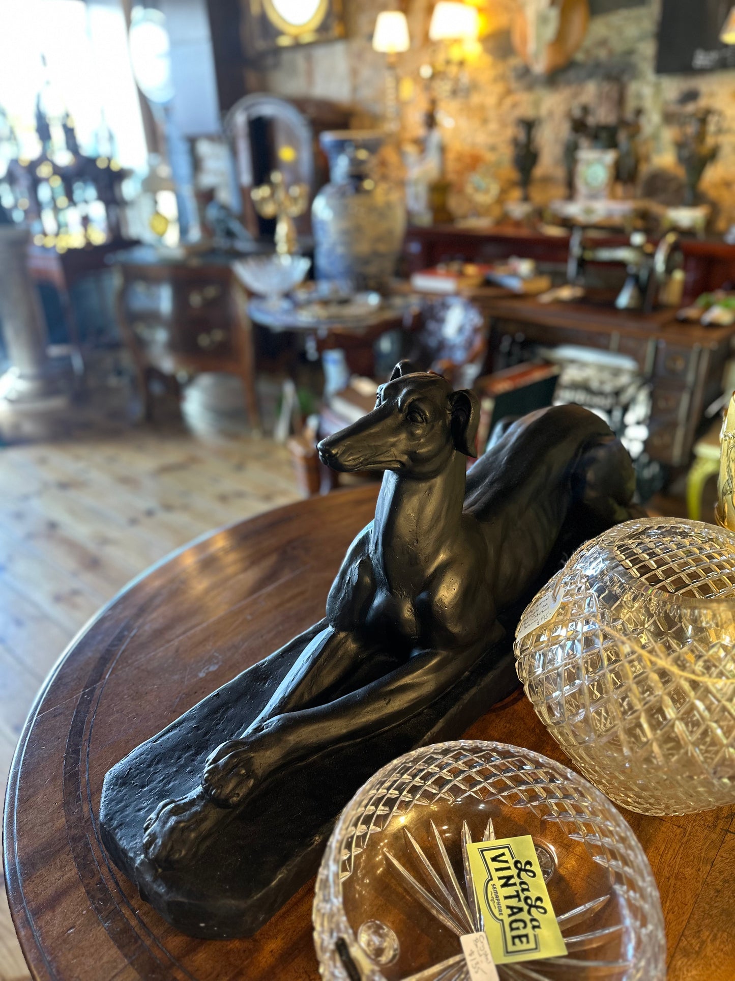 Art Deco Style Black Greyhound Statue - Reclining Plaster Whippet Sculpture