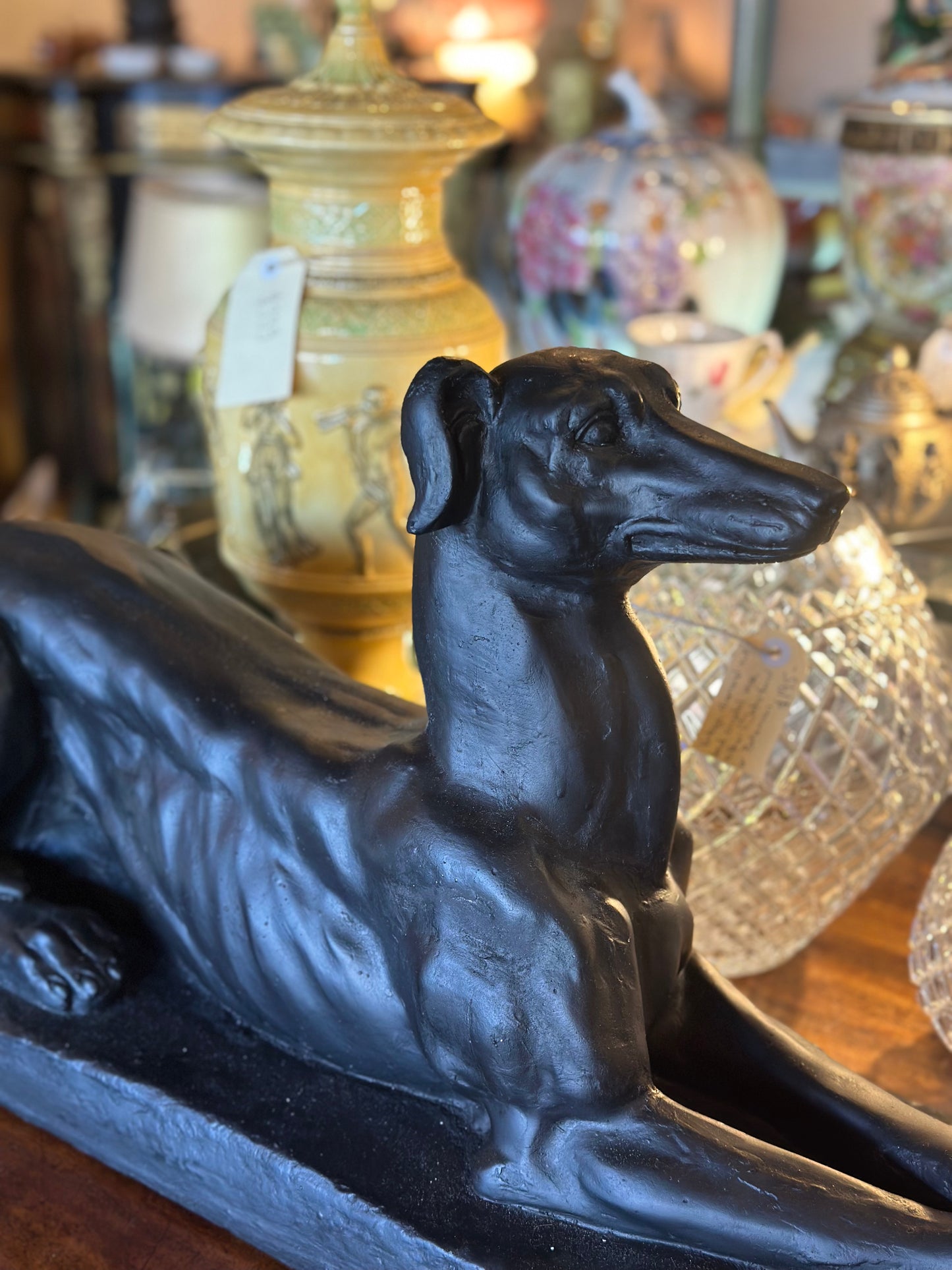 Art Deco Style Black Greyhound Statue - Reclining Plaster Whippet Sculpture