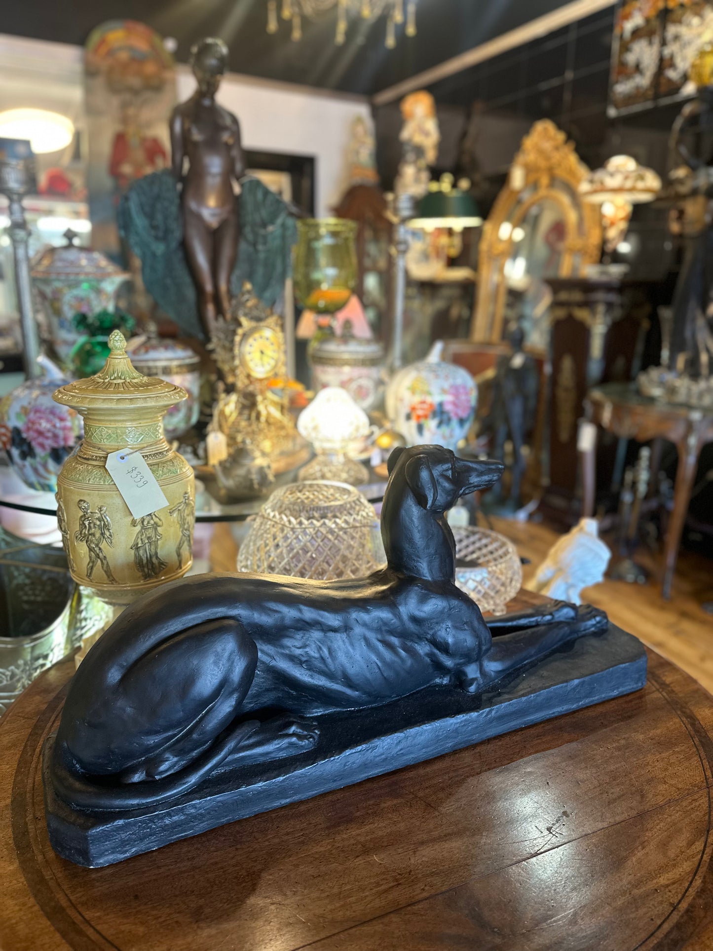 Art Deco Style Black Greyhound Statue - Reclining Plaster Whippet Sculpture