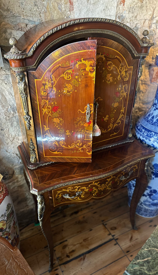 French Louis XV Style Marquetry Inlaid Side Cabinet - Ormolu Mounted Vintage Credenza & Hallway Console Table