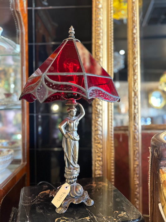 Vintage Art Nouveau Lady Table Lamp with Red Stained Slag Glass Shade
