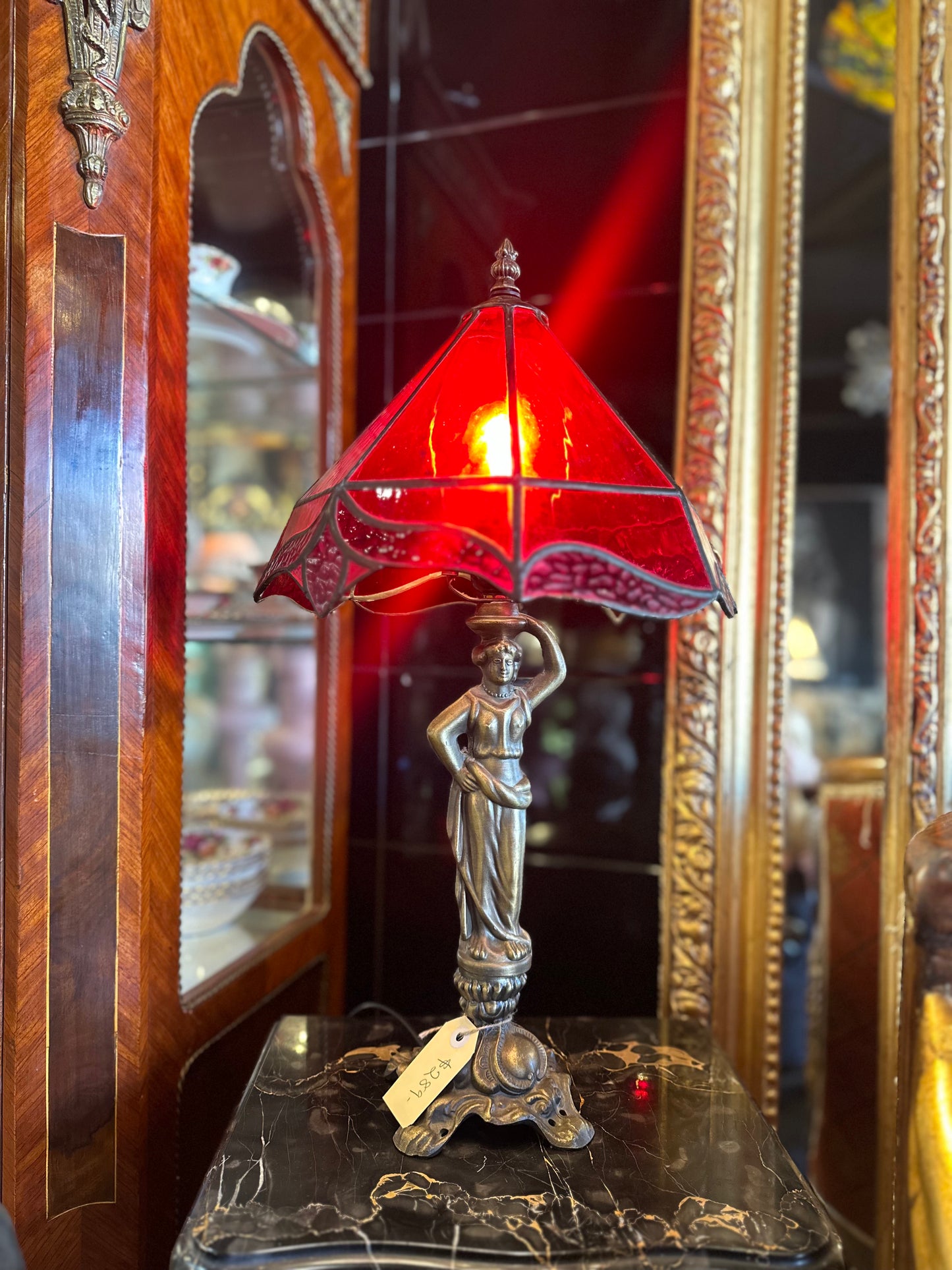 Vintage Art Nouveau Lady Table Lamp with Red Stained Slag Glass Shade