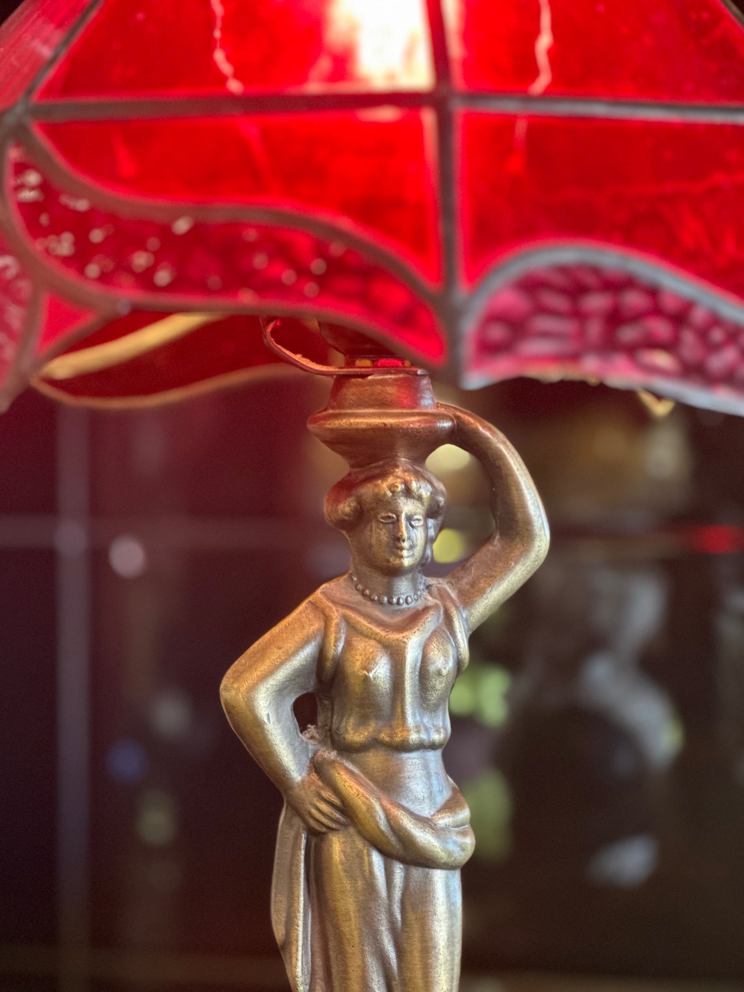 Vintage Art Nouveau Lady Table Lamp with Red Stained Slag Glass Shade