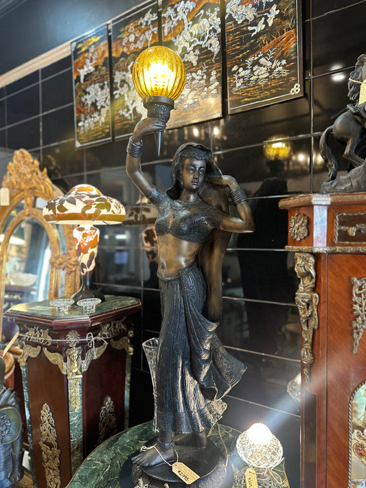 Vintage Art Deco Bronze Indian Maiden Torch Lamp | Rare Temple Dancer Statue Light with Amber Glass Globe