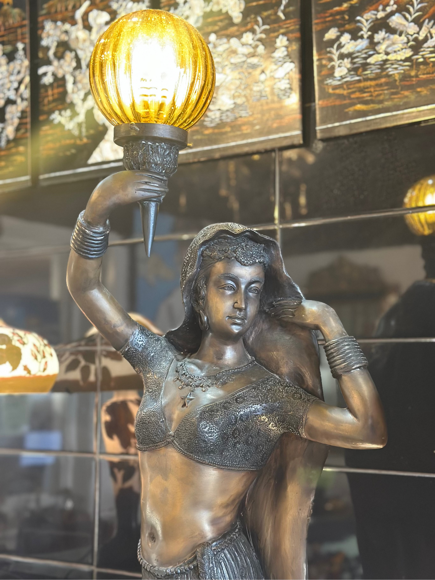Vintage Art Deco Bronze Indian Maiden Torch Lamp | Rare Temple Dancer Statue Light with Amber Glass Globe