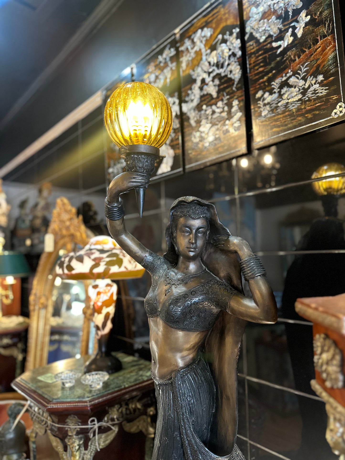 Vintage Art Deco Bronze Indian Maiden Torch Lamp | Rare Temple Dancer Statue Light with Amber Glass Globe