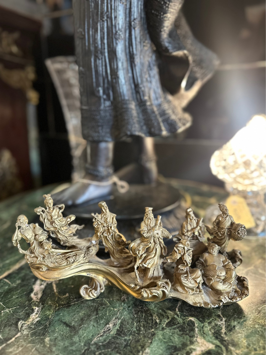 Vintage Brass Chinese Eight Immortals Crossing the Sea Statue | Feng Shui Decor