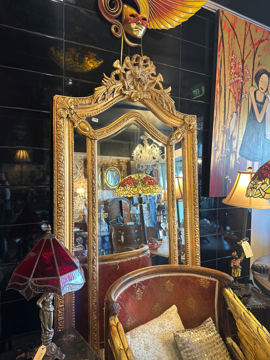 Large Ornate Gilt French Style Floor Mirror with Musical Trophy Crest