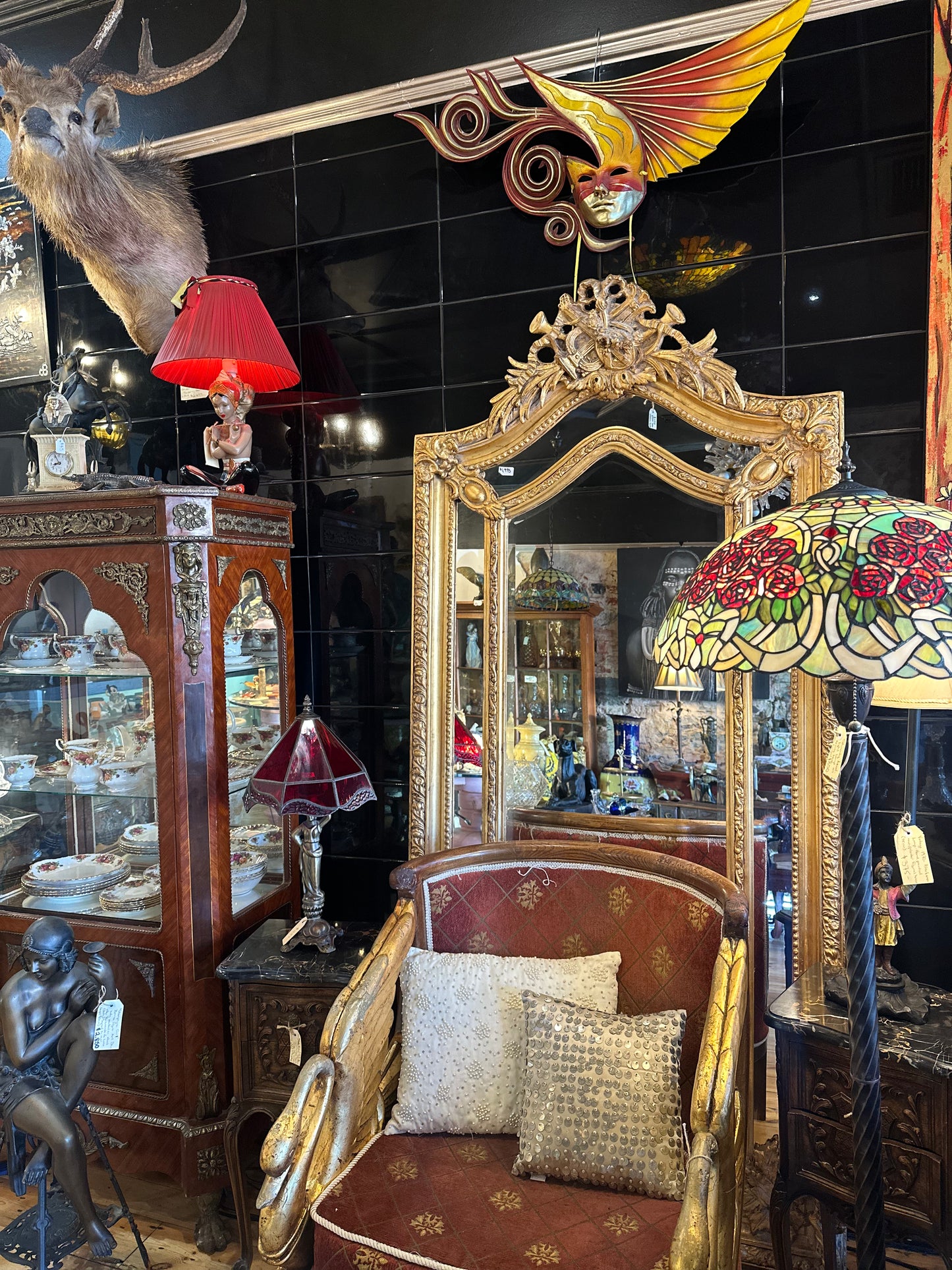 Large Ornate Gilt French Style Floor Mirror with Musical Trophy Crest