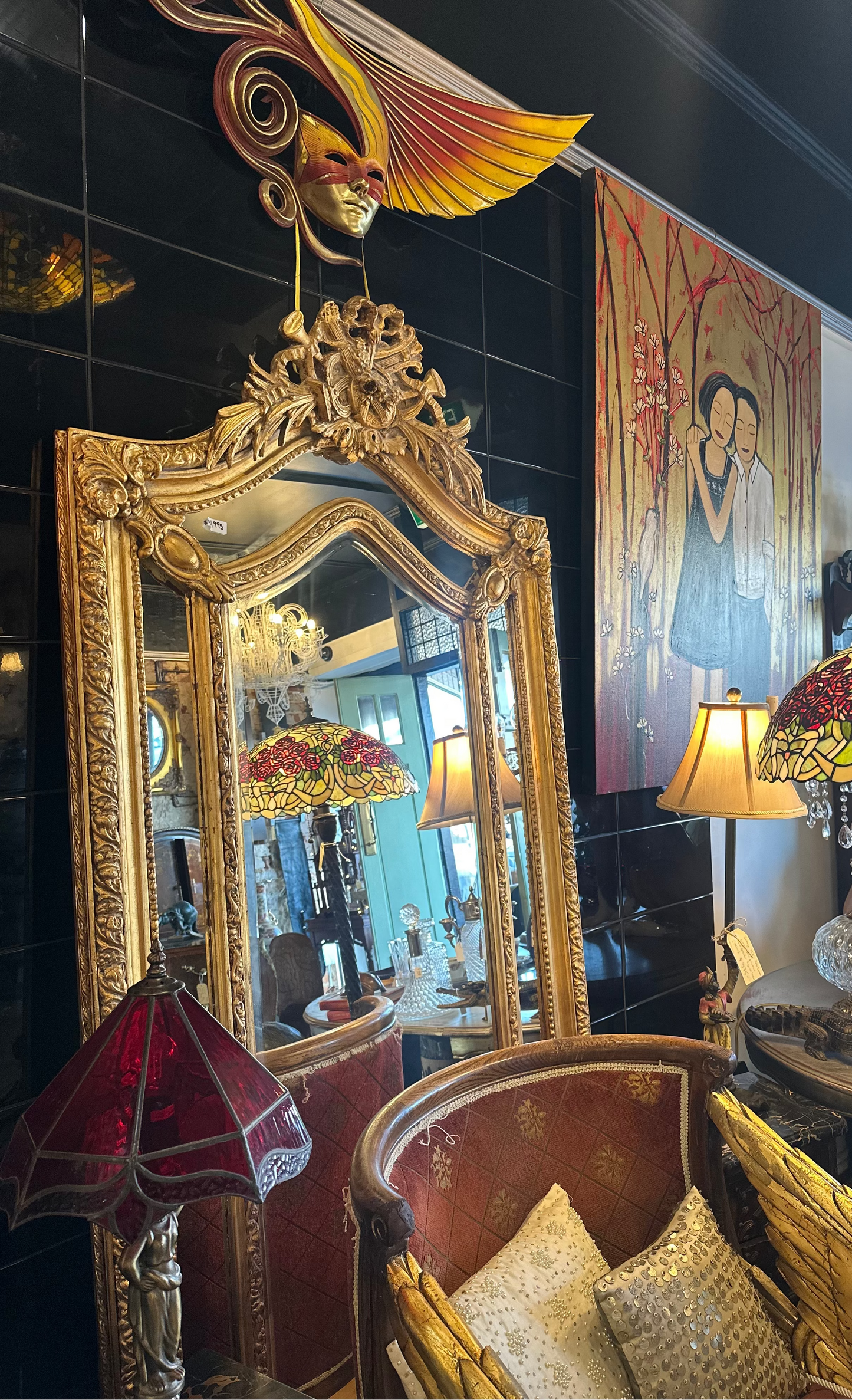 Large Ornate Gilt French Style Floor Mirror with Musical Trophy Crest