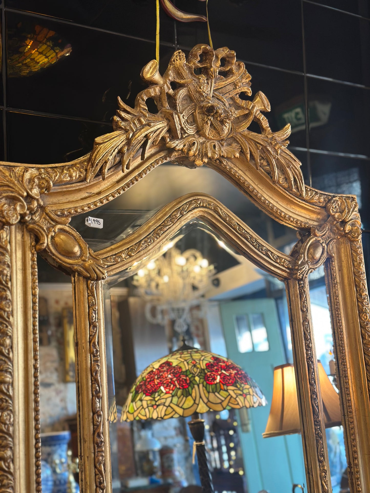 Large Ornate Gilt French Style Floor Mirror with Musical Trophy Crest