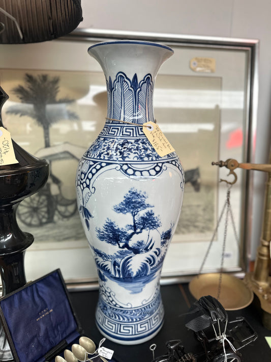 Large Vintage Chinese Blue and White Porcelain Landscape Vase | Chinoiserie Baluster Floor Vase