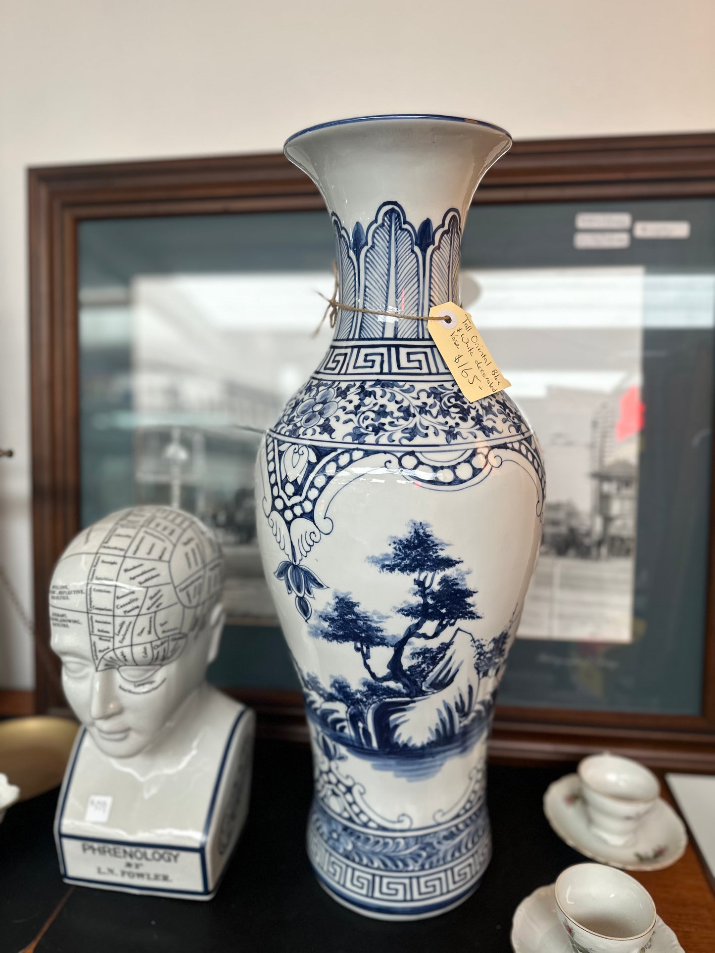 Large Vintage Chinese Blue and White Porcelain Landscape Vase | Chinoiserie Baluster Floor Vase