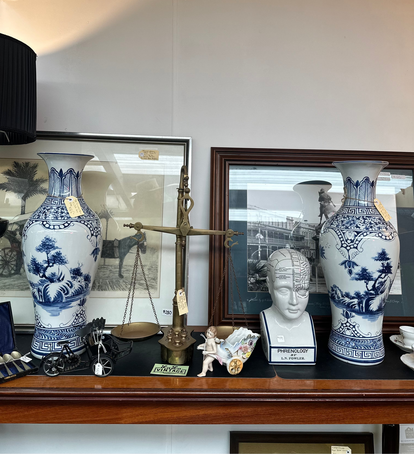 Large Vintage Chinese Blue and White Porcelain Landscape Vase | Chinoiserie Baluster Floor Vase