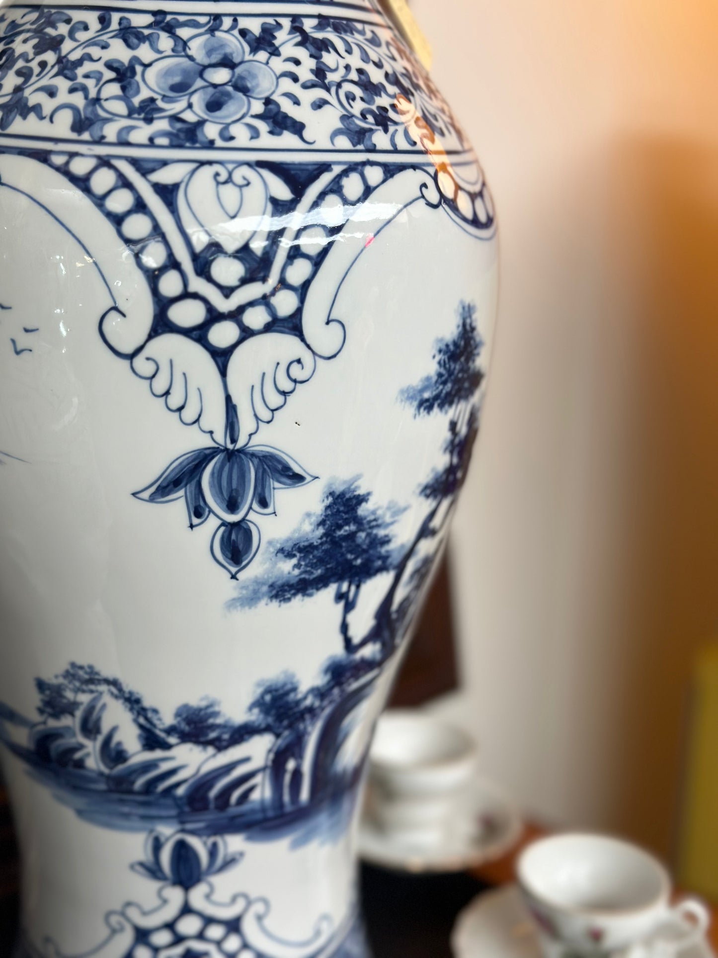 Large Vintage Chinese Blue and White Porcelain Landscape Vase | Chinoiserie Baluster Floor Vase