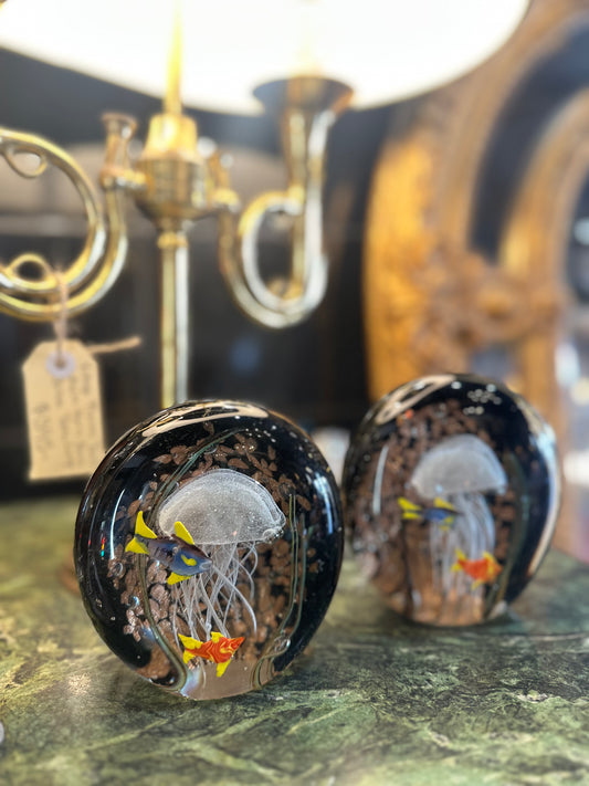 Hand Blown Art Glass Aquarium Paperweight – Jellyfish & Tropical Fish with Aventurine Gold Dust Accent