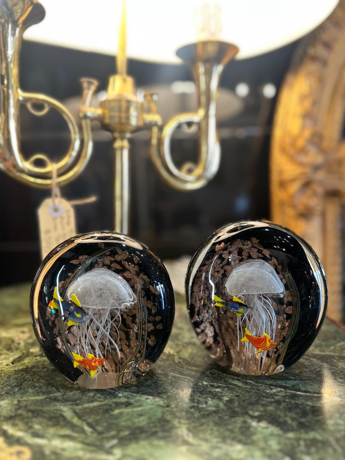 Hand Blown Art Glass Aquarium Paperweight – Jellyfish & Tropical Fish with Aventurine Gold Dust Accent