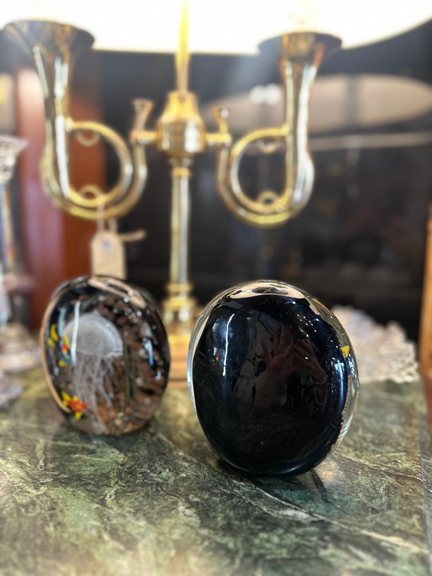 Hand Blown Art Glass Aquarium Paperweight – Jellyfish & Tropical Fish with Aventurine Gold Dust Accent