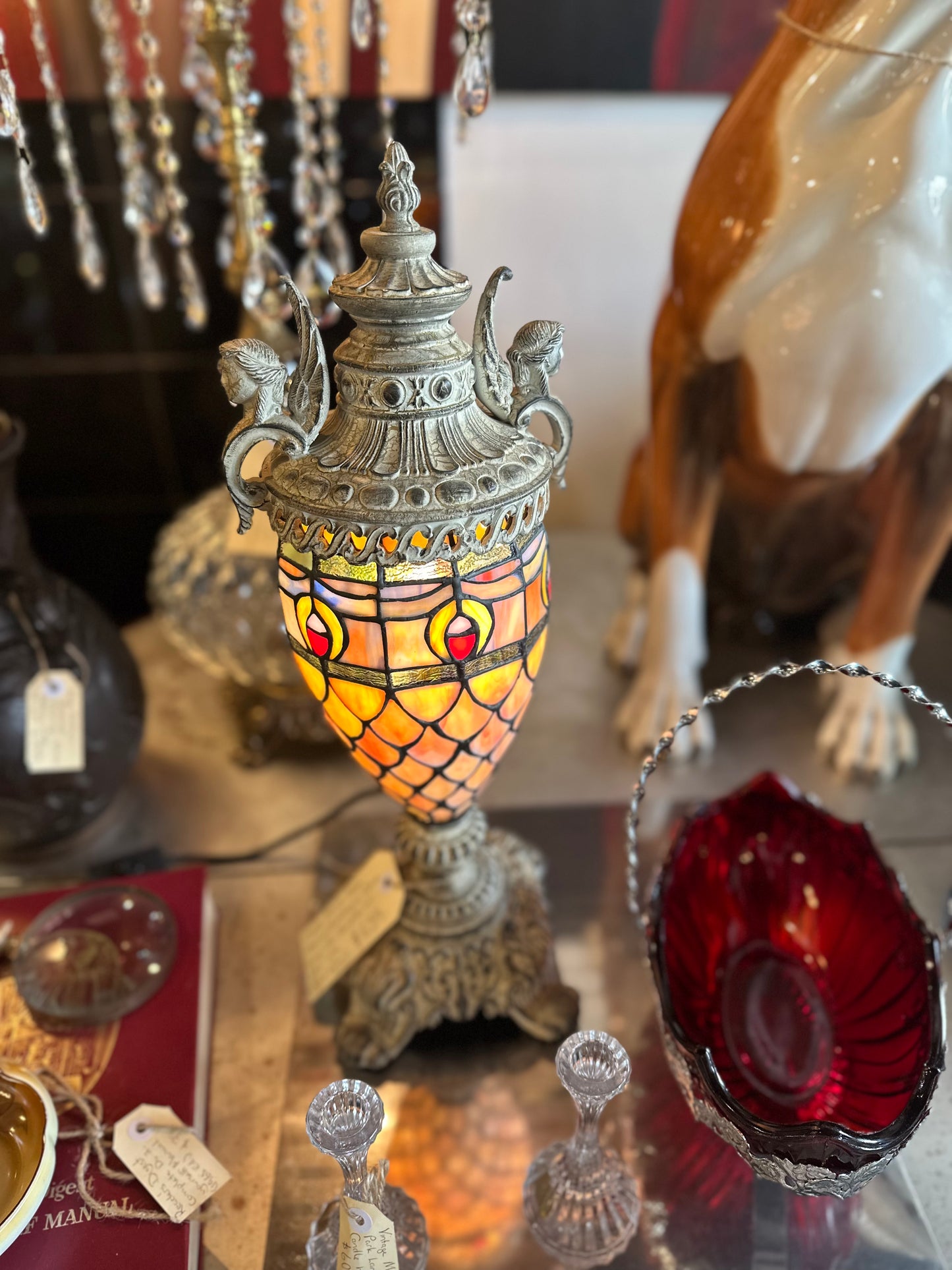 Classic French Style Stained Leadlight Glass Table Lamp with Caryatids