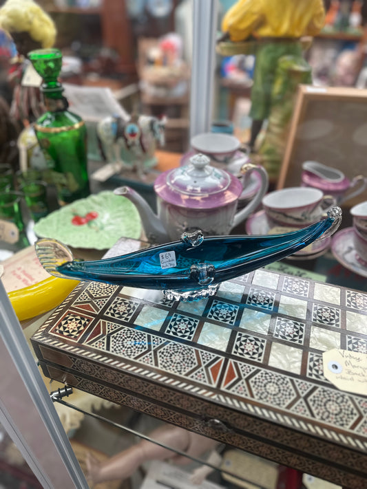 Vintage Cobalt Blue Murano Style Glass Gondola Ash Tray / Catchall Dish